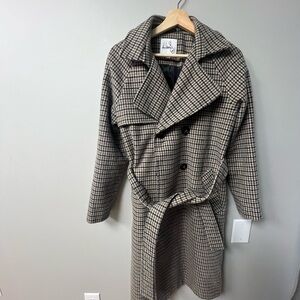 Sam Edelman Black and Cream Trench Coat with Houndstooth Pattern and Belt